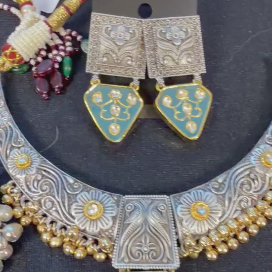 German Silver Bollywood Necklace Set, Polki, Pearls