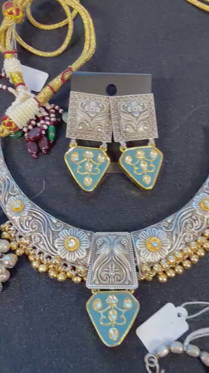 German Silver Bollywood Necklace Set, Polki, Pearls