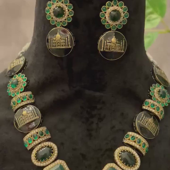 Sabyasachi inspired long necklace set emerald stones gold polished