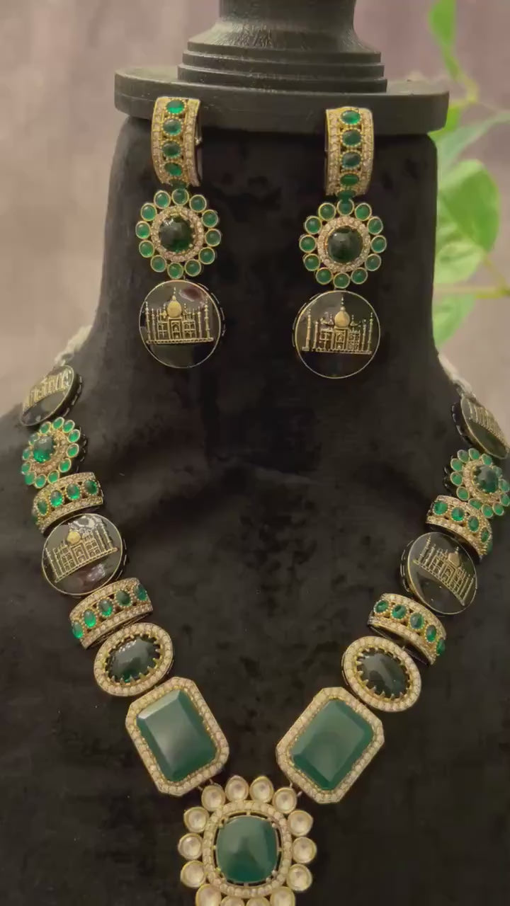 Sabyasachi inspired long necklace set emerald stones gold polished