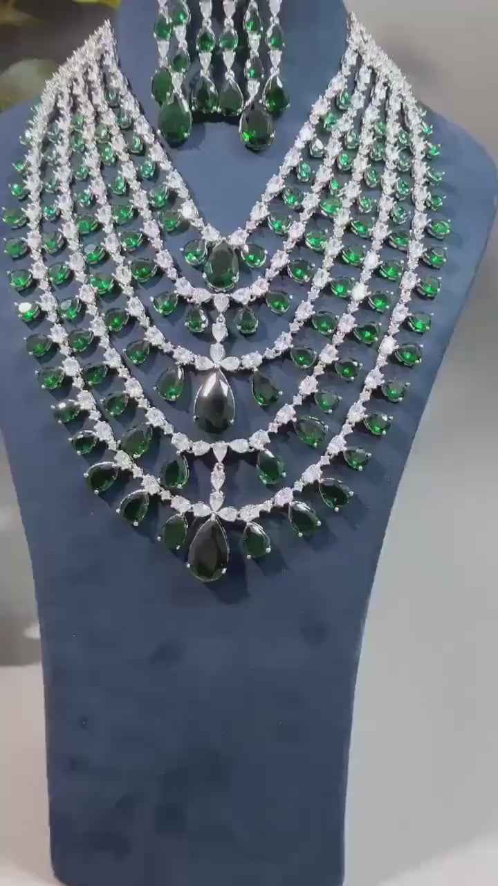 Layered American Diamond Necklace Set: Bollywood Style Silver Jewelry