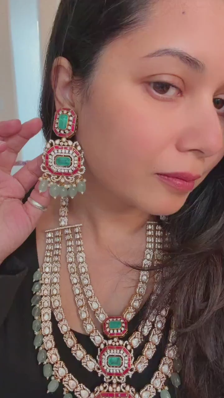 Gold Plated Brass Necklace: American Diamond & SemiPrecious stones, Sabyasachi Style