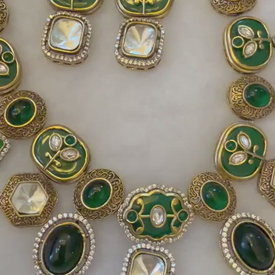 Green Doublet Stone, Polki: Antique Gold polished with American Diamonds necklace set sabyasachi inspired