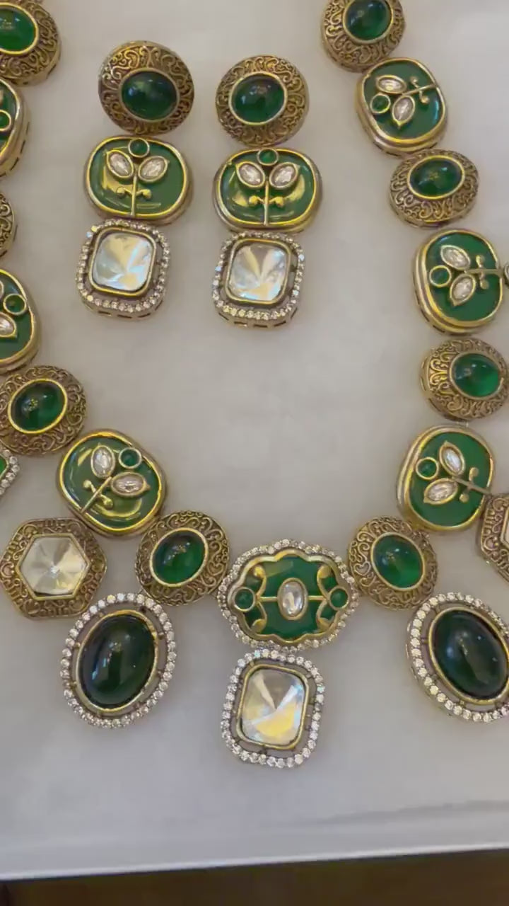 Green Doublet Stone, Polki: Antique Gold polished with American Diamonds necklace set sabyasachi inspired