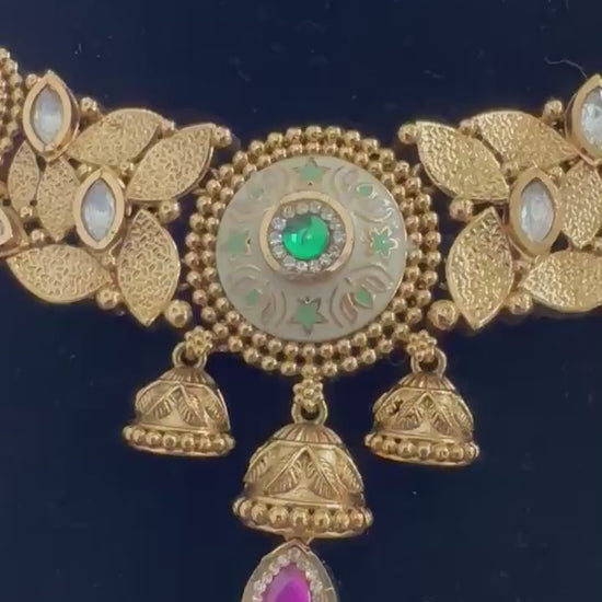 Rajwadi necklace set long, adjustable gold polished