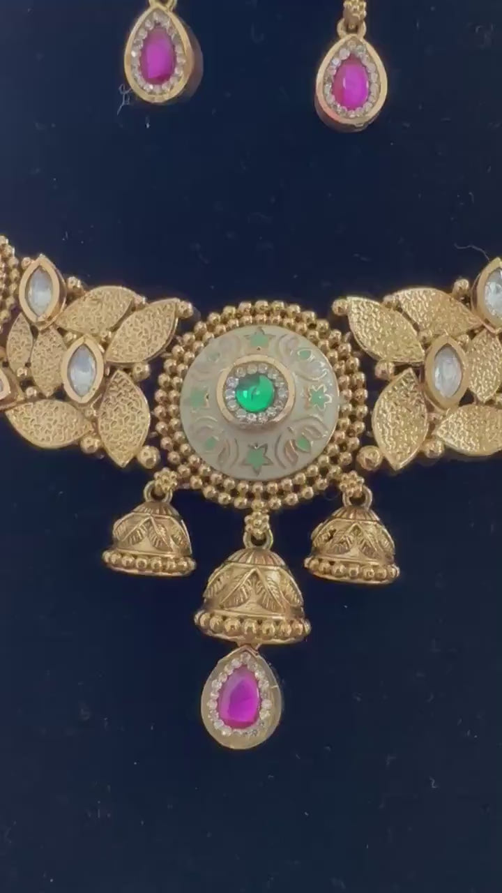 Rajwadi necklace set long, adjustable gold polished