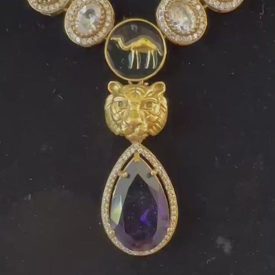 Sabyasachi inspired long necklace set purple stone gold polished