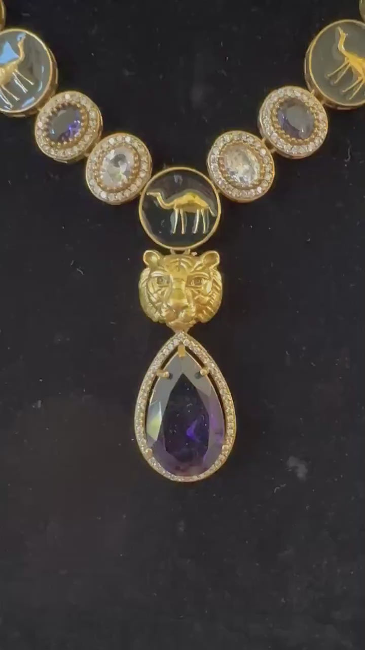 Sabyasachi inspired long necklace set purple stone gold polished