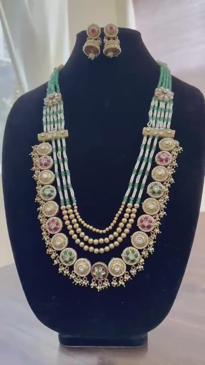 Pushpa 2 Rashmika Mandana inspired style Rajwadi necklace set long with polki and American diamonds, adjustable gold polished