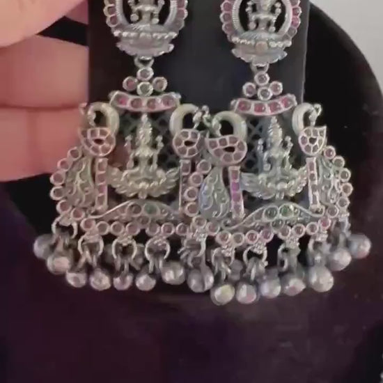 German silver temple jewelry long necklace set with rubies laxmi goddess design