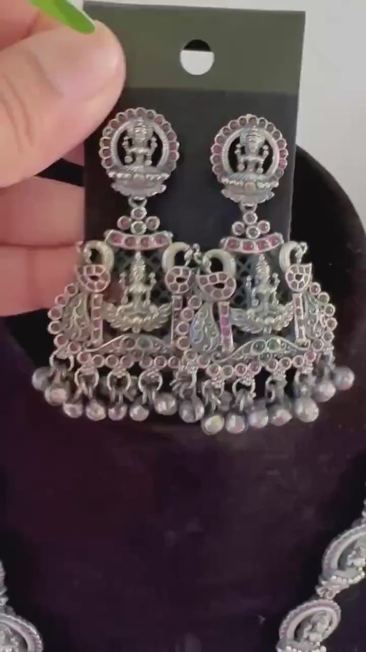 German silver temple jewelry long necklace set with rubies laxmi goddess design