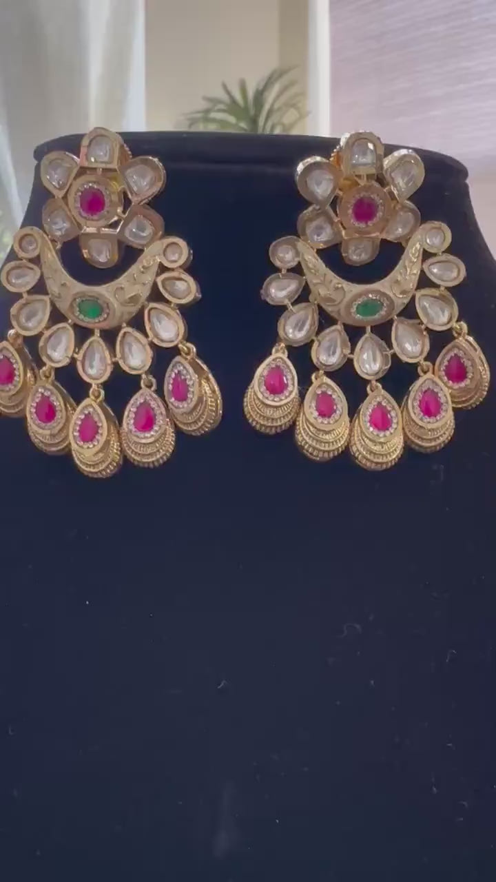 Rajwadi necklace set long, adjustable gold polished