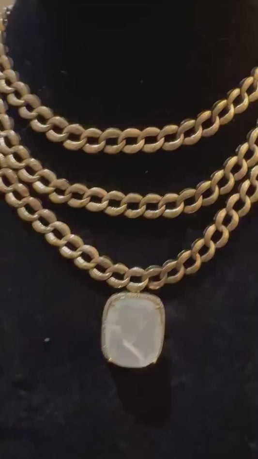 Mother of pearl pendant with American diamonds layered chain necklace set in Victorian polished