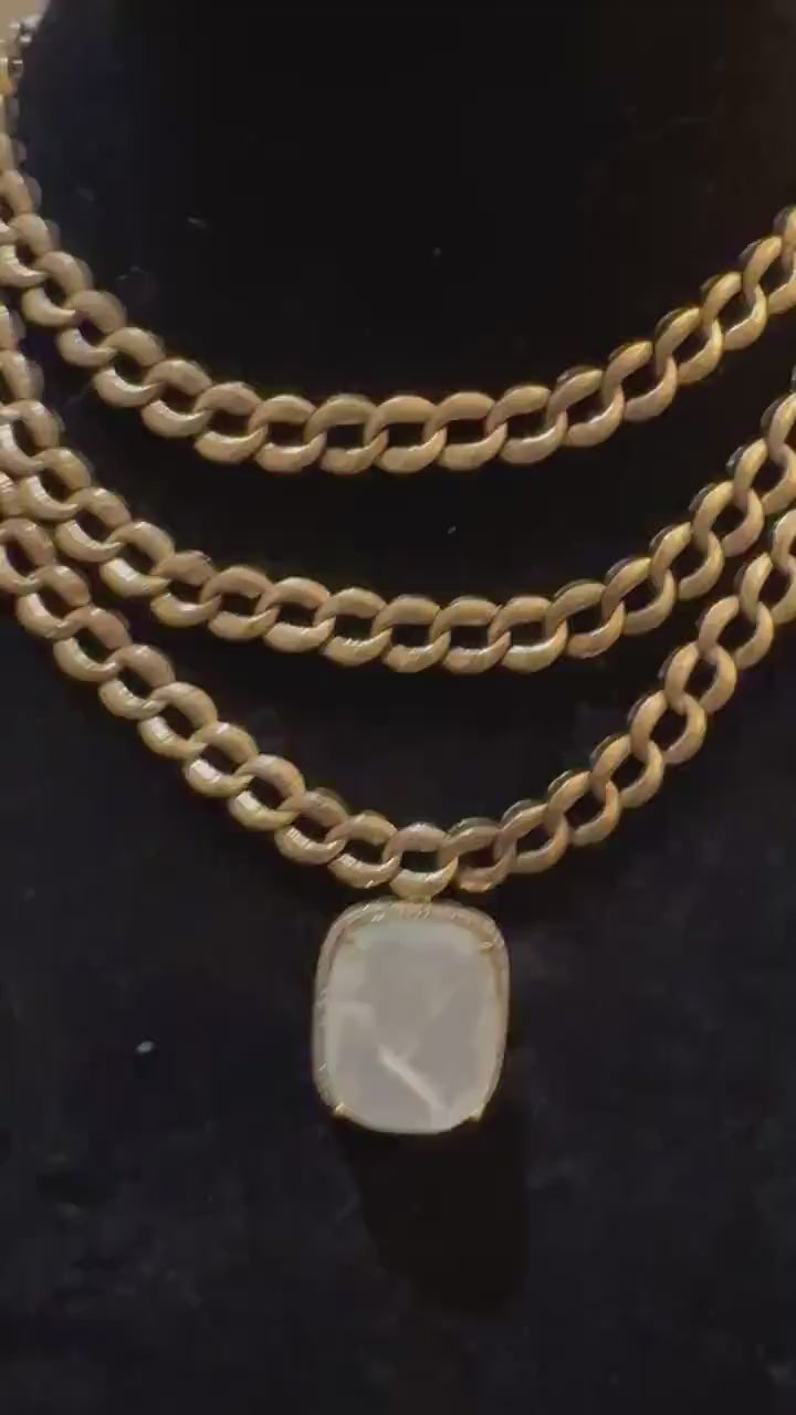 Mother of pearl pendant with American diamonds layered chain necklace set in Victorian polished