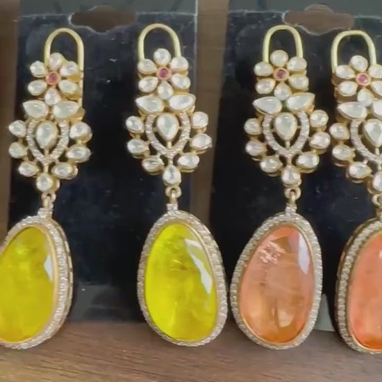 Polki Long Dangle Earrings: American Diamond Doublet Stone