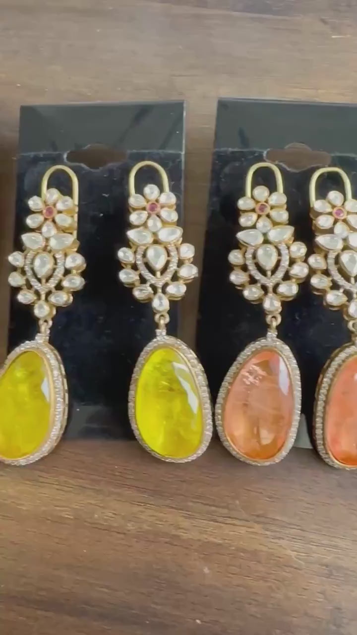 Polki Long Dangle Earrings: American Diamond Doublet Stone
