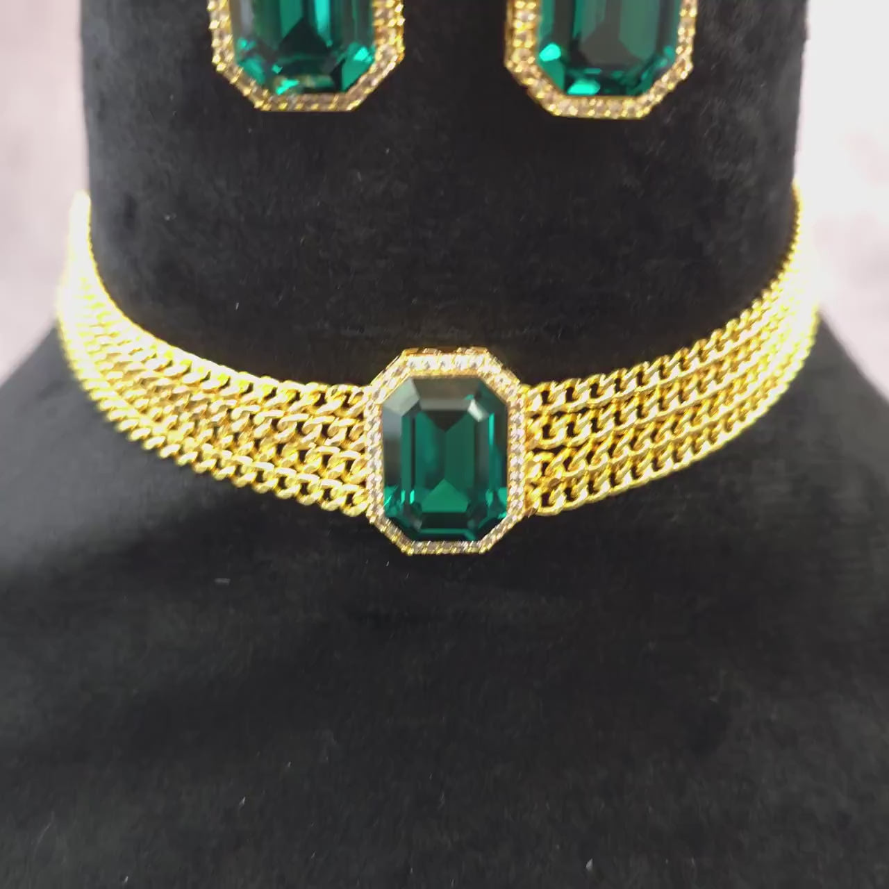 Golden Chain Choker Necklace Set: Green Doublet Stone & Diamond Bollywood Style