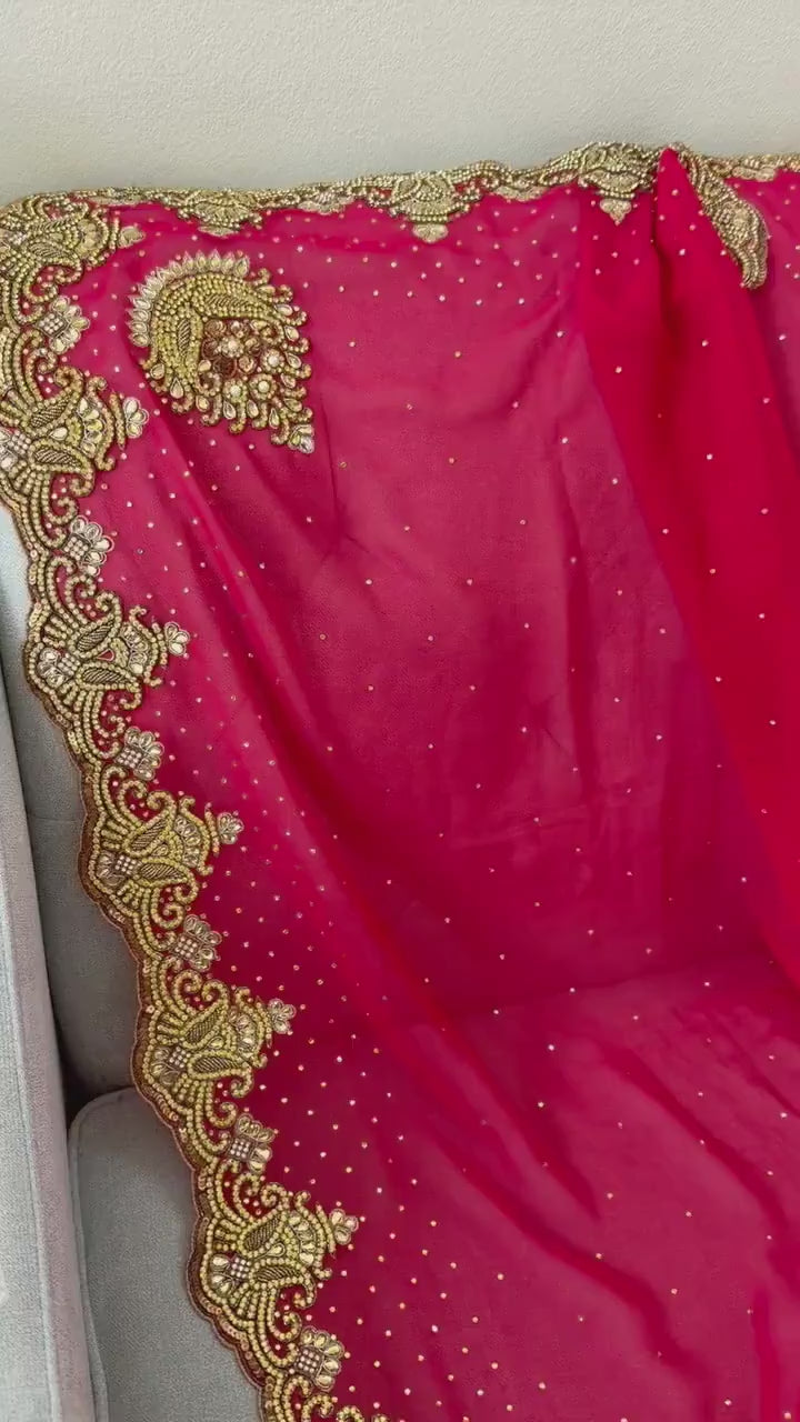 Georgette with heavy work and stonework Saree premium quality fall pico done with blouse piece