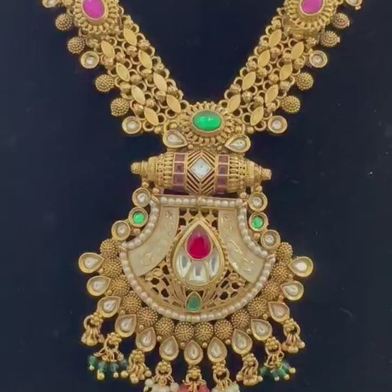 Rajwadi necklace set long, adjustable gold polished