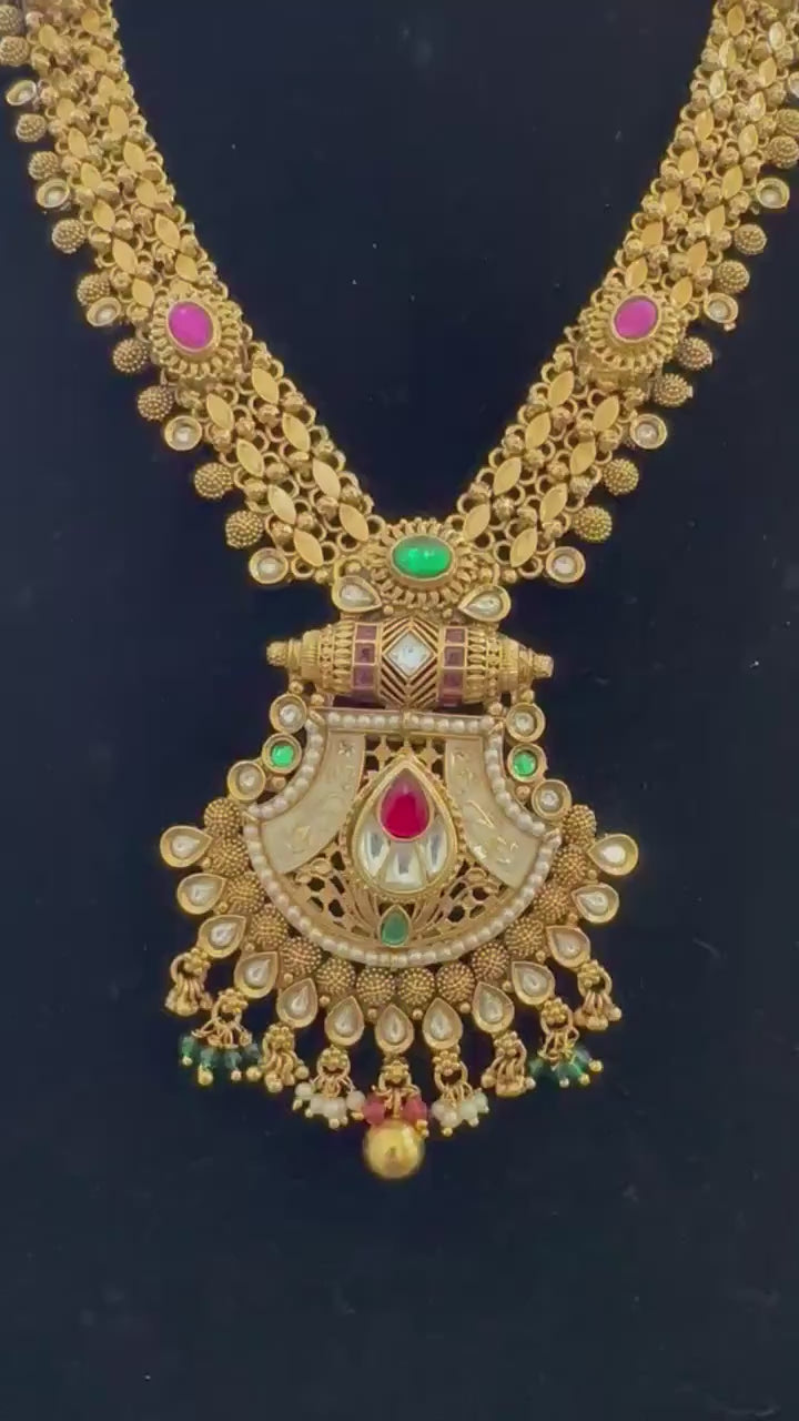 Rajwadi necklace set long, adjustable gold polished