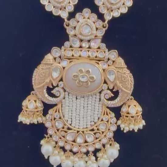 Amrapali style Rajwadi necklace set long, adjustable gold foil work polished, real mossanite, doublet stone with carving and gold inlay work