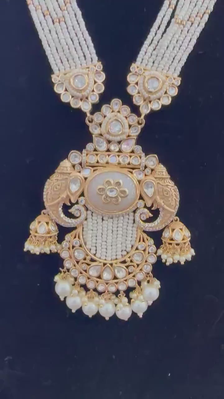 Amrapali style Rajwadi necklace set long, adjustable gold foil work polished, real mossanite, doublet stone with carving and gold inlay work