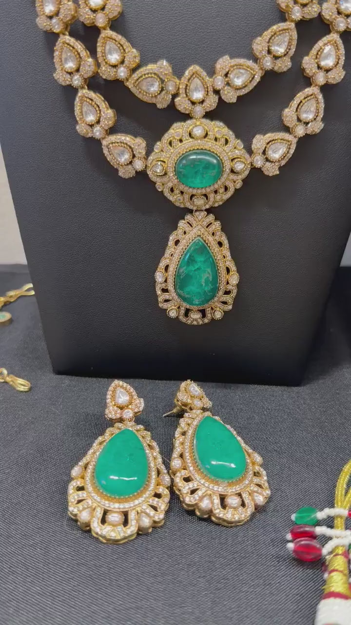 Semiprecious stones Doublet stones, emeralds, Polki: Antique Gold polished with American Diamonds necklace set