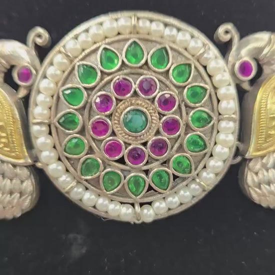German silver choker with peacock design ruby emeralds and pearls