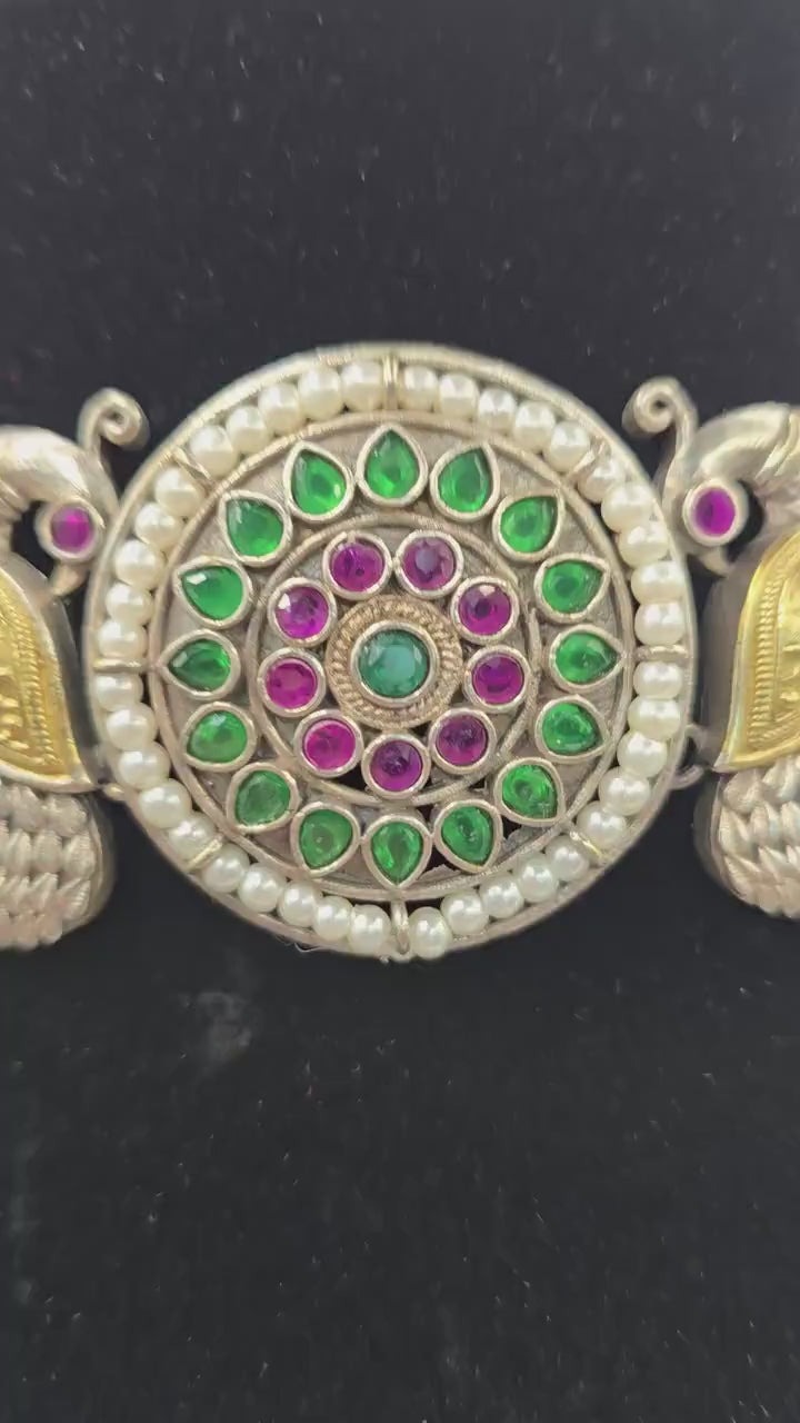 German silver choker with peacock design ruby emeralds and pearls