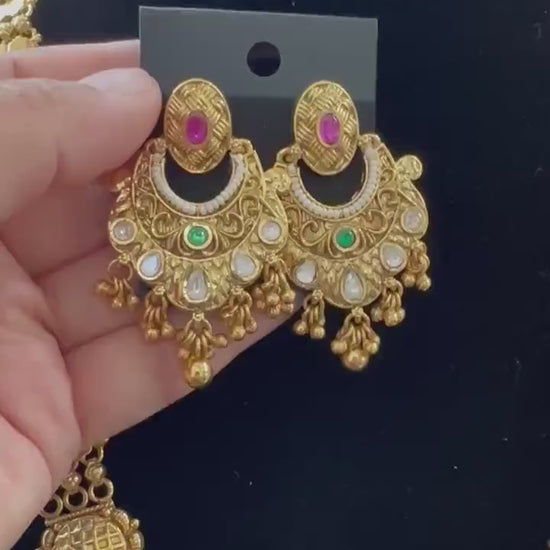Rajwadi necklace set long, adjustable gold polished