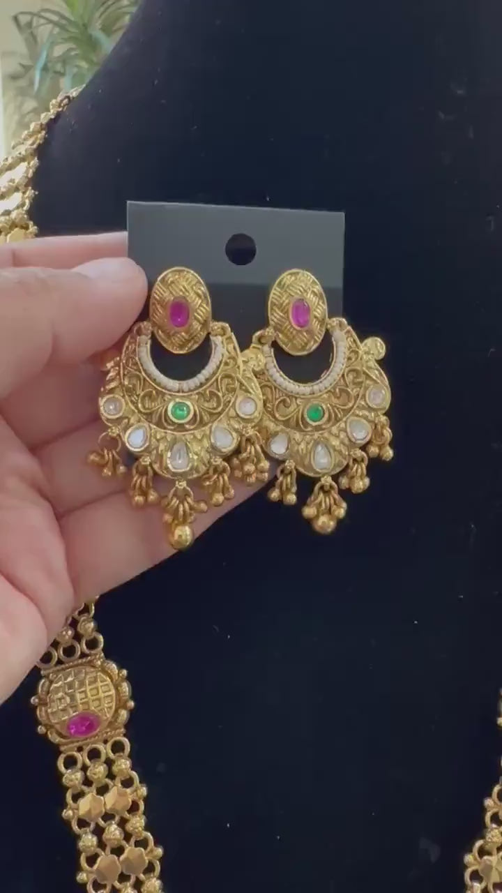 Rajwadi necklace set long, adjustable gold polished