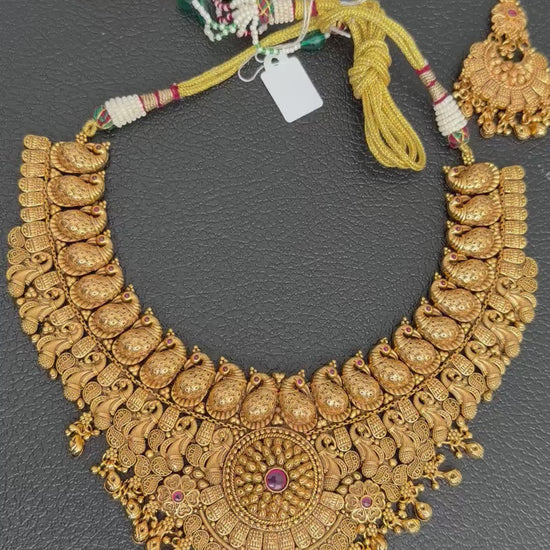 Bridal Handcrafted Antique Gold Polished Necklace Set, Real Gold Copy